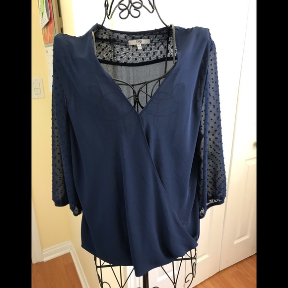 Q & A Tops - Q & A Navy Blue Top with Swiss Dot Sheer Sleeves Size Medium